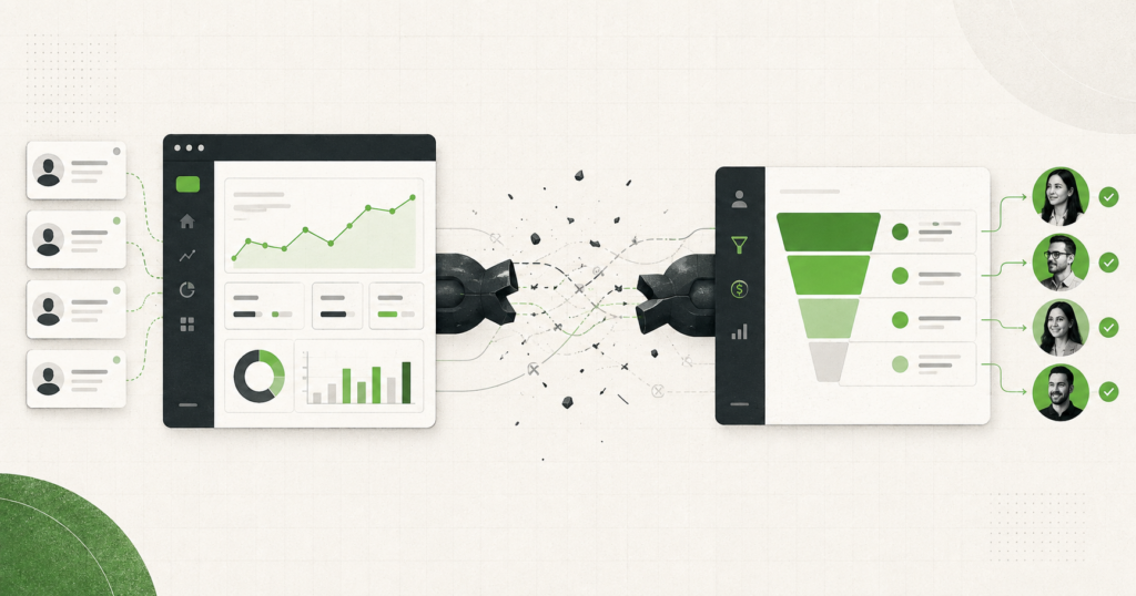 Illustration of Google Ads leads connecting with a CRM revenue pipeline.