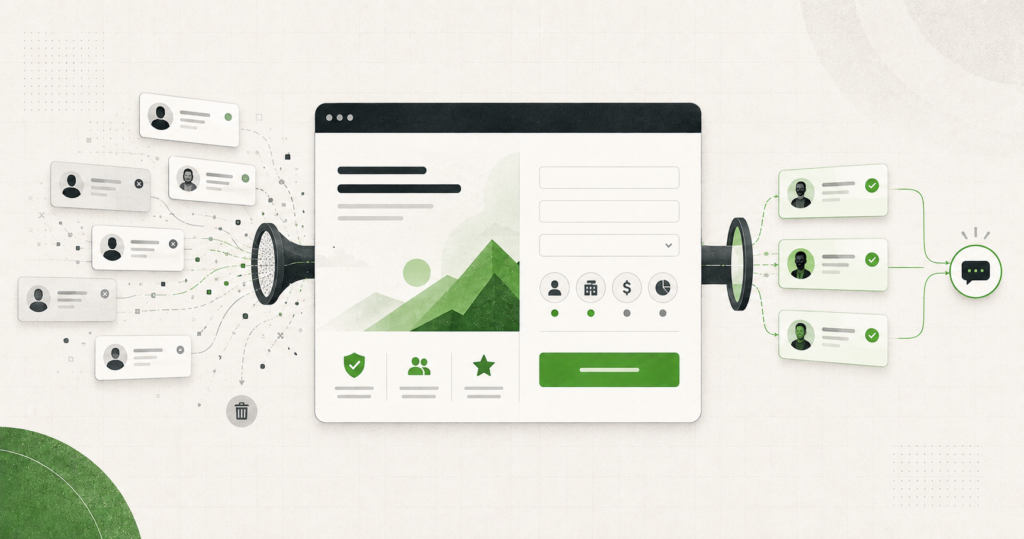 Landing page filtrando contactos para identificar oportunidades comerciales calificadas.